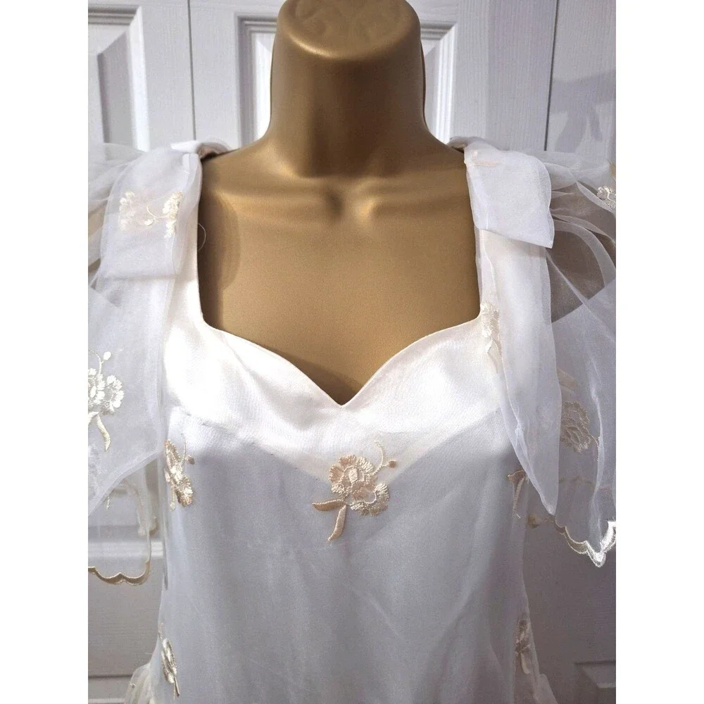 Cream Formal Midi Tea Dress Med Chiffon Bows Sheer Layer Fit Flare Cottage Fairy